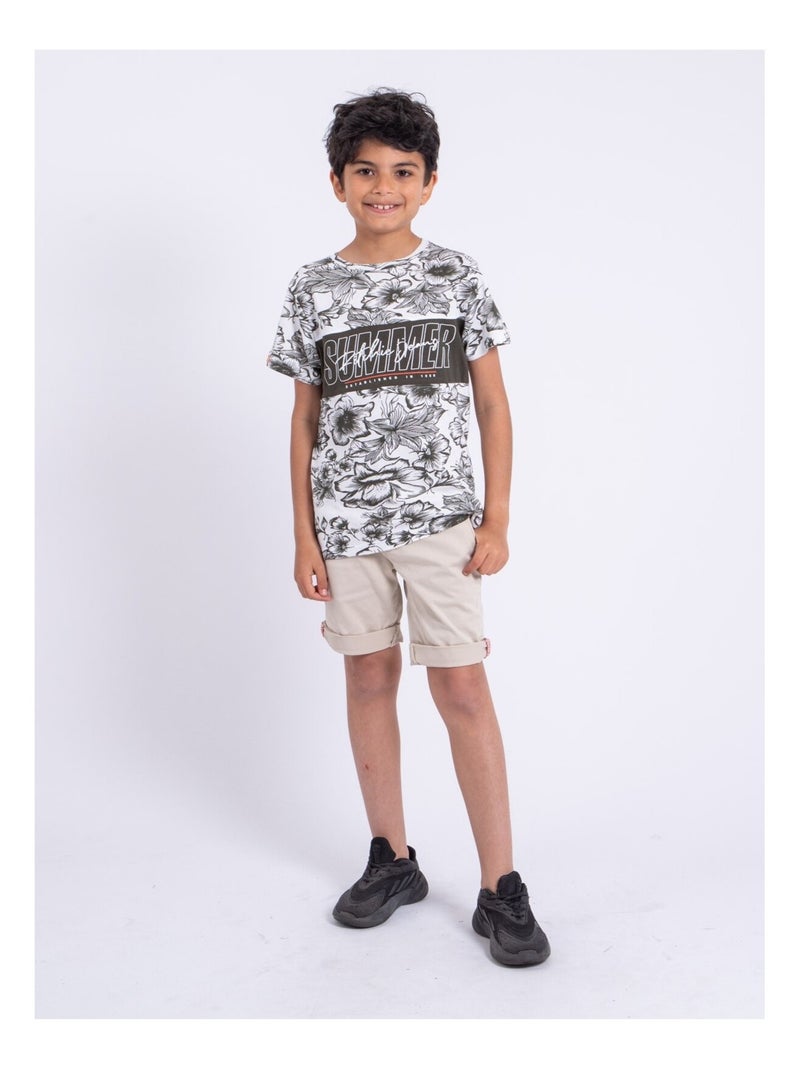 T-shirt manches courtes col rond pur coton NOLIBA garçon Kaki - Kiabi