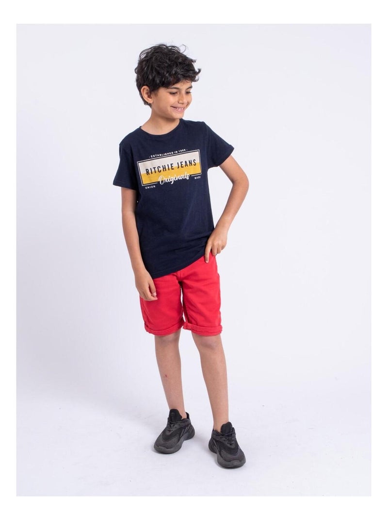 T-shirt manches courtes col rond pur coton NOMARY garçon Jaune - Kiabi