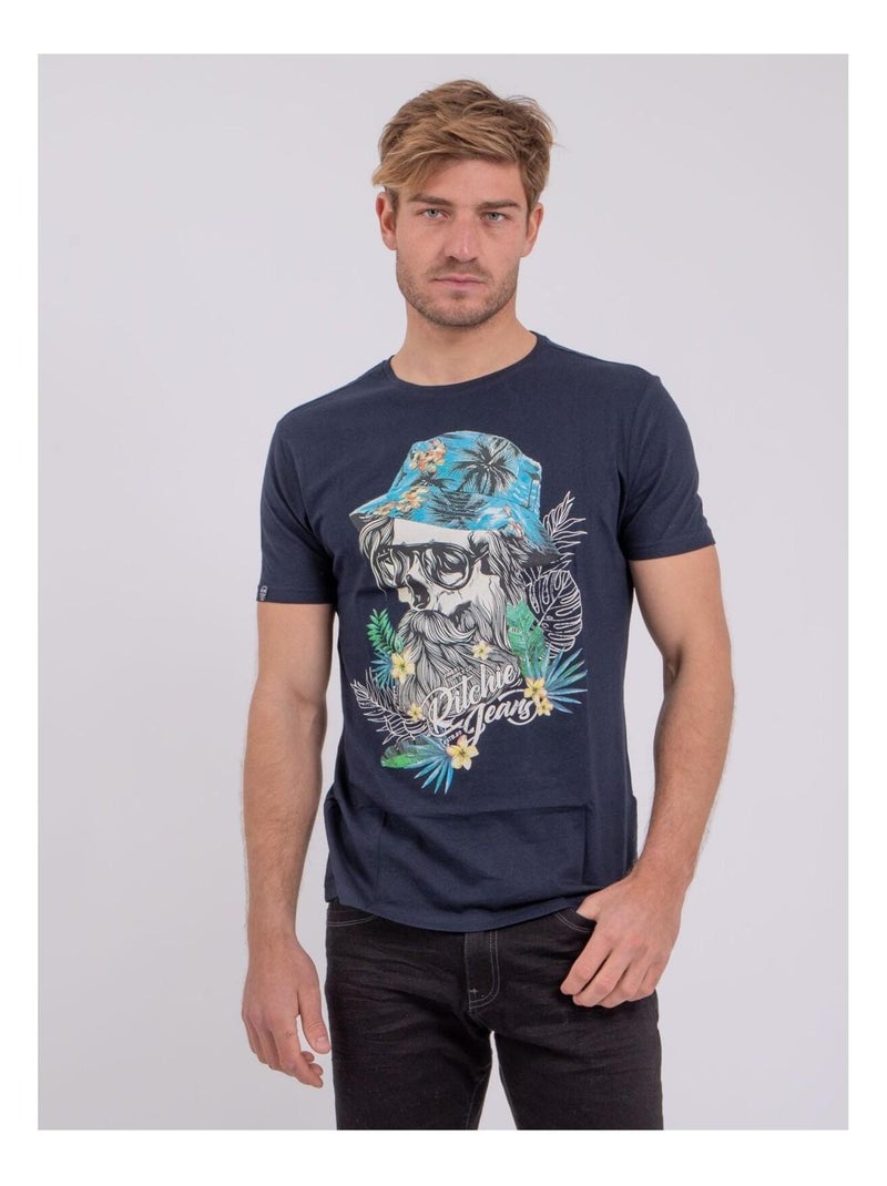 T-shirt manches courtes col rond pur coton NOMITCH Bleu marine - Kiabi