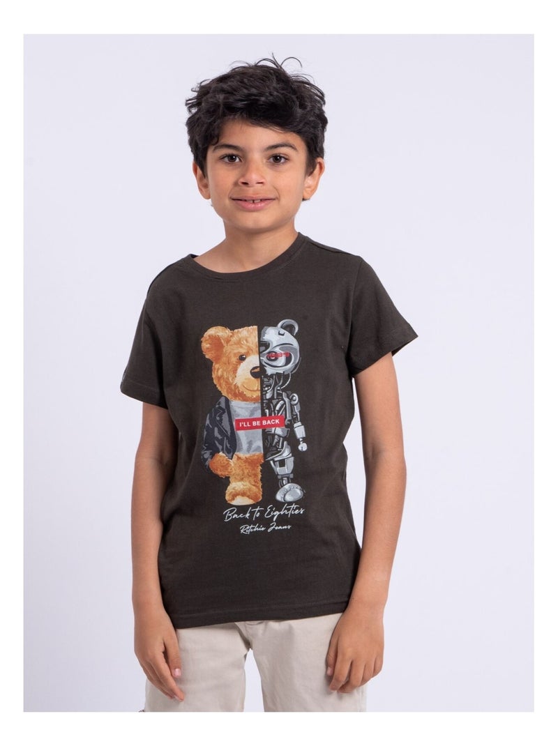 T-shirt manches courtes col rond pur coton NOTEDY-J Gris - Kiabi
