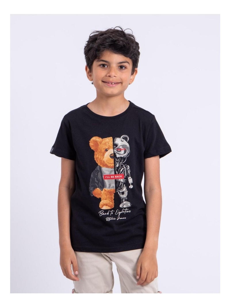T-shirt manches courtes col rond pur coton NOTEDY-J Noir - Kiabi