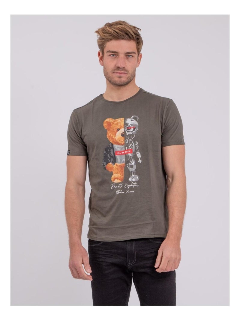 T-shirt manches courtes col rond pur coton NOTEDY Kaki - Kiabi