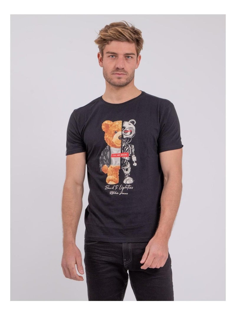 T-shirt manches courtes col rond pur coton NOTEDY Noir - Kiabi