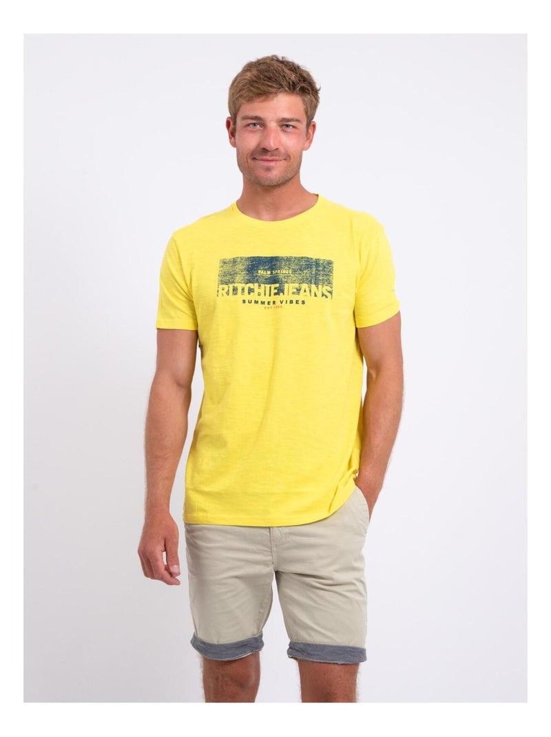 T-shirt manches courtes col rond pur coton NOTELOX Jaune - Kiabi
