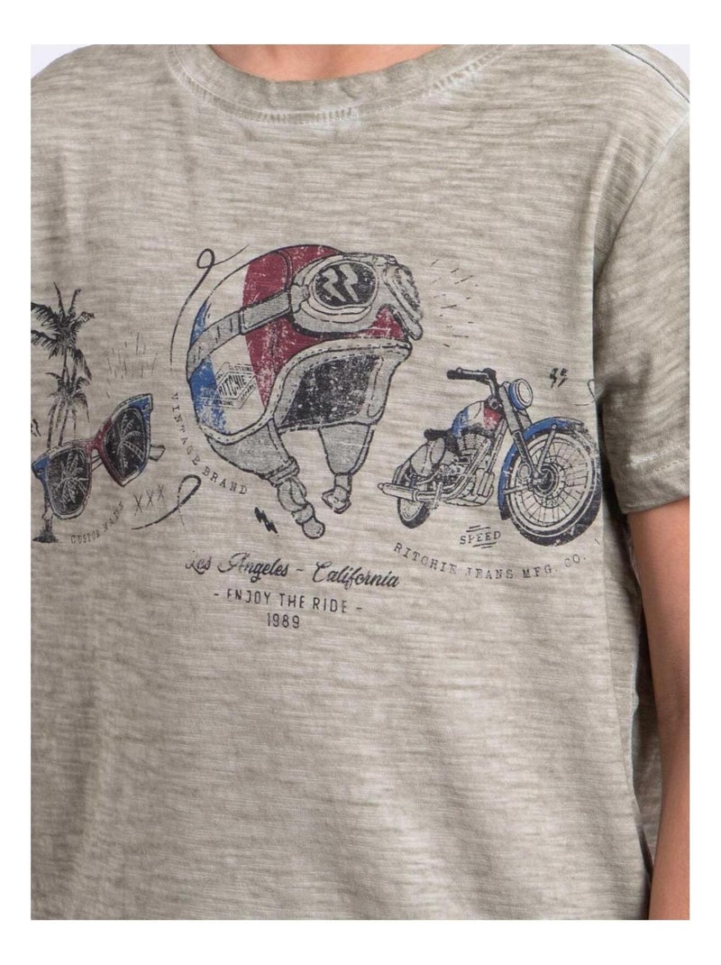 T-shirt manches courtes col rond pur coton NOUMARTY garçon Beige - Kiabi