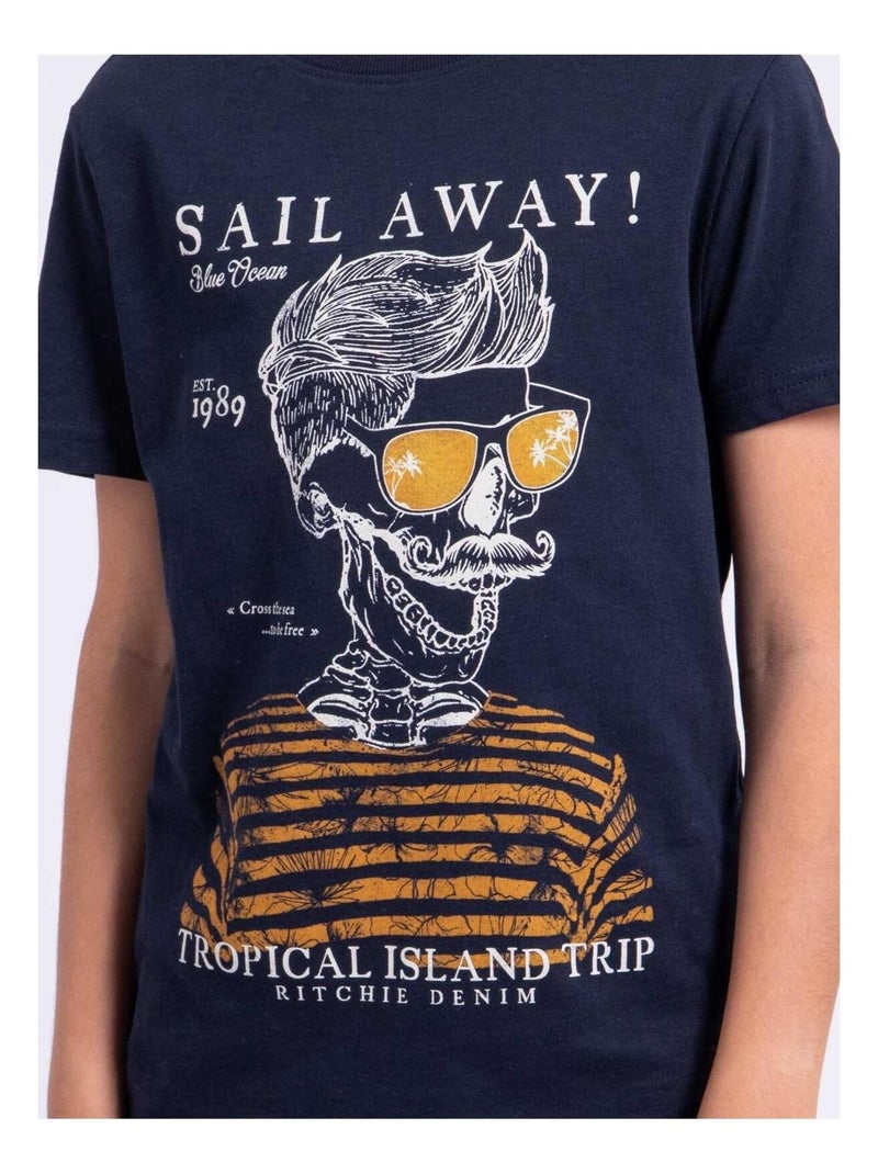 T-shirt manches courtes col rond pur coton NOUMICK garçon Bleu marine - Kiabi