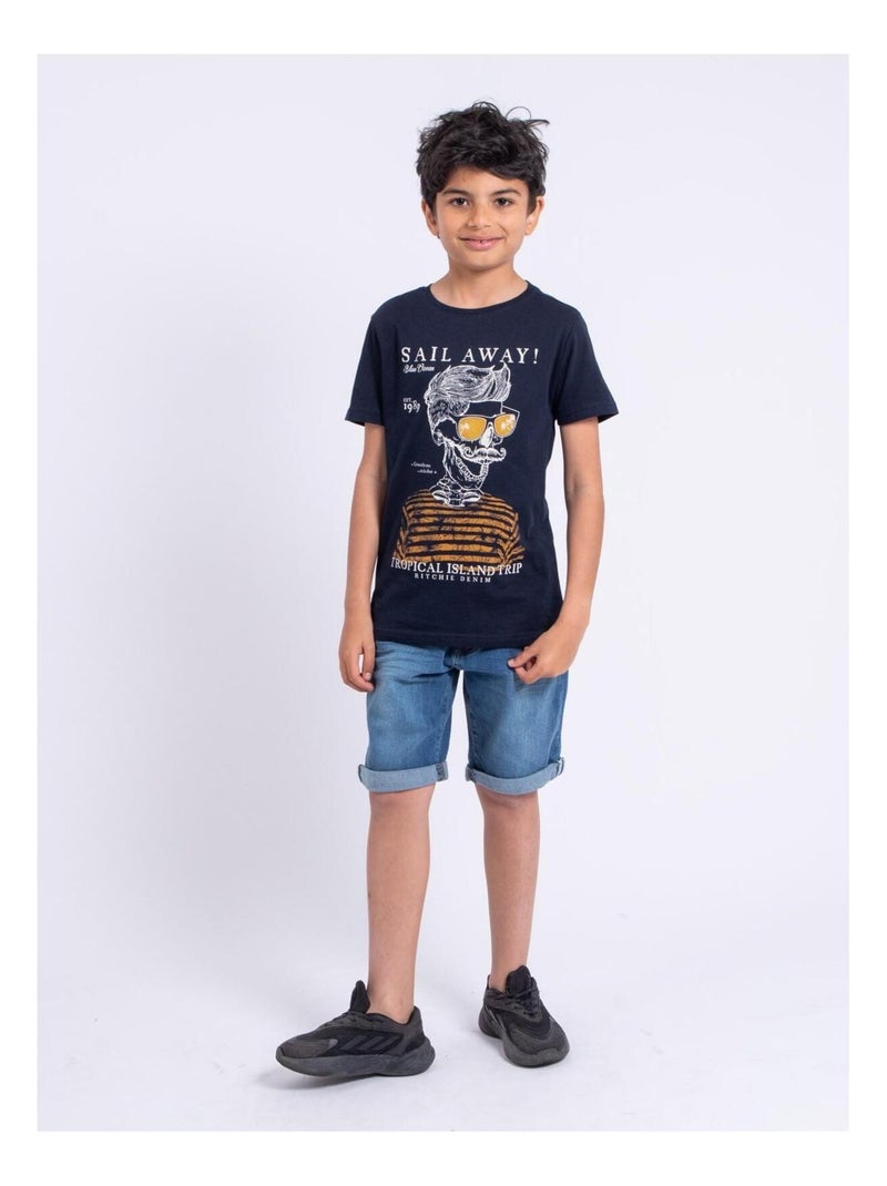 T-shirt manches courtes col rond pur coton NOUMICK garçon Bleu marine - Kiabi