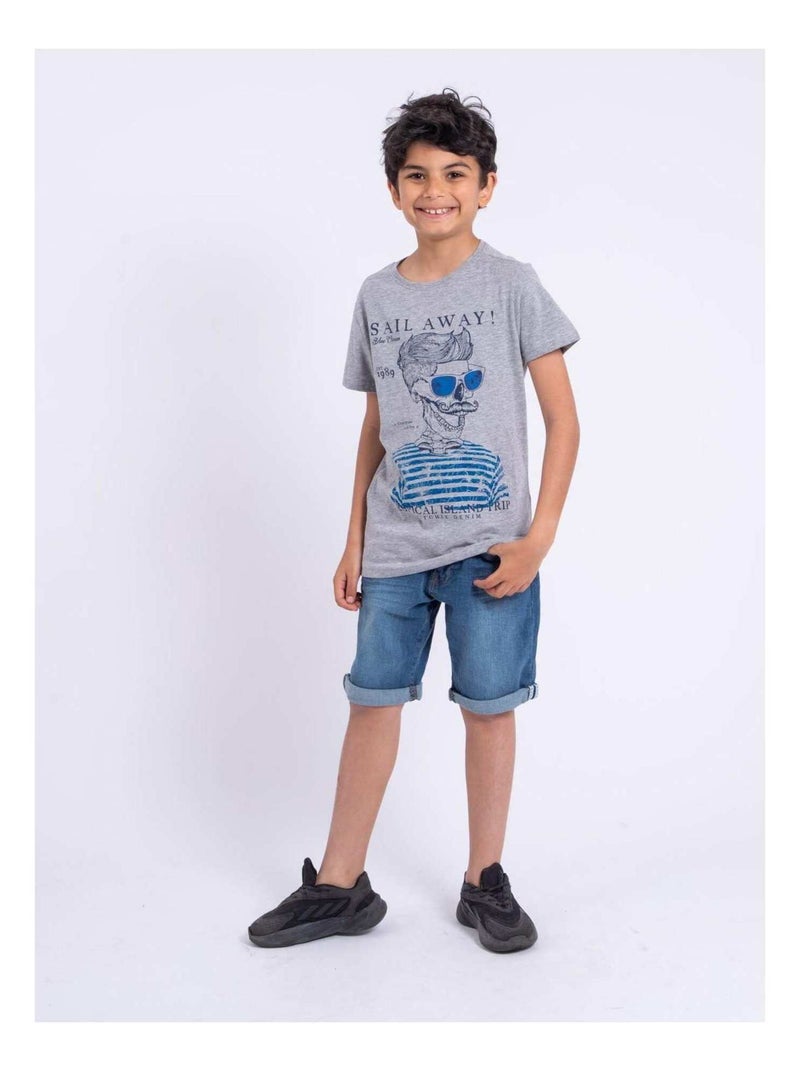 T-shirt manches courtes col rond pur coton NOUMICK garçon Gris - Kiabi