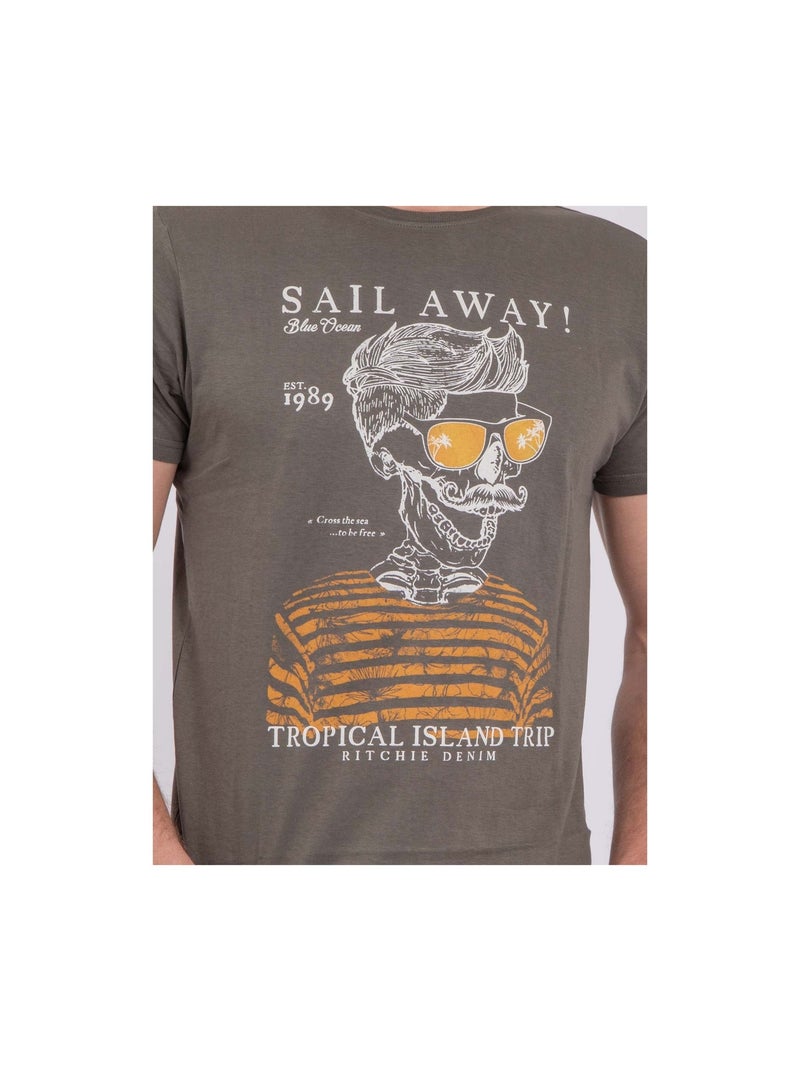 T-shirt manches courtes col rond pur coton NOUMICK Kaki - Kiabi