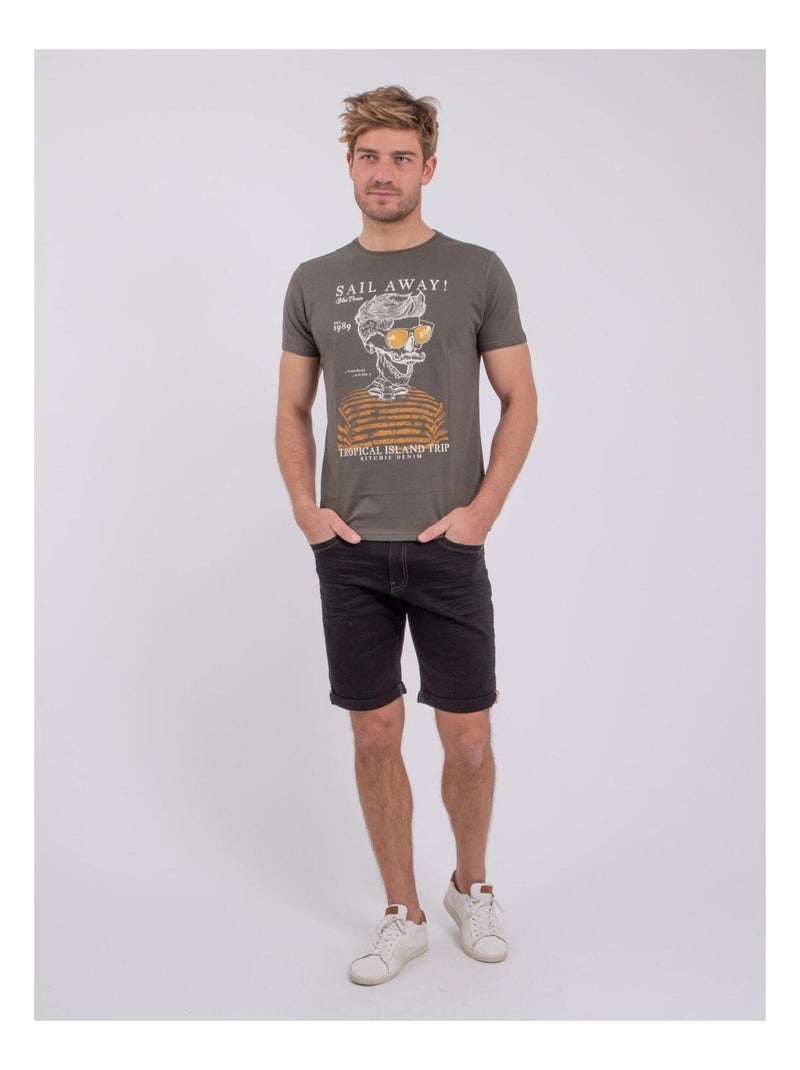 T-shirt manches courtes col rond pur coton NOUMICK Kaki - Kiabi