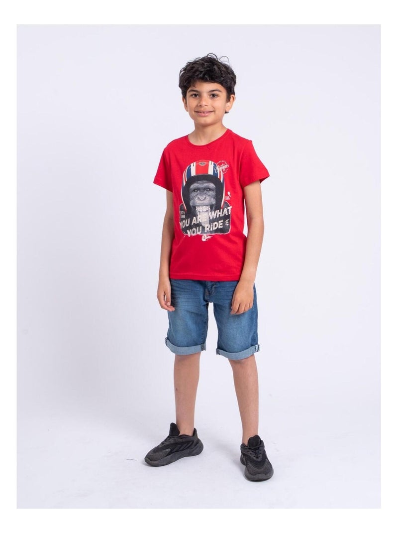 T-shirt manches courtes col rond pur coton NUMADINO-J Rouge - Kiabi