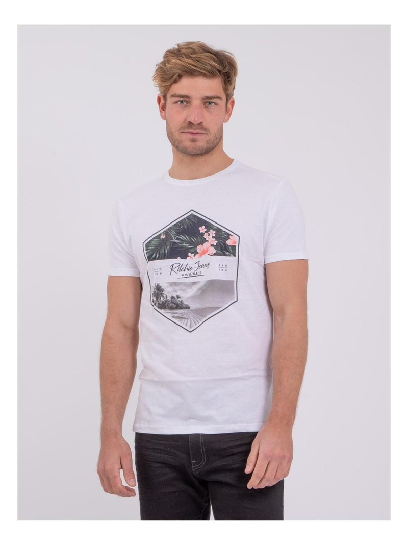 T-shirt manches courtes col rond pur coton NUMADOC Blanc - Kiabi