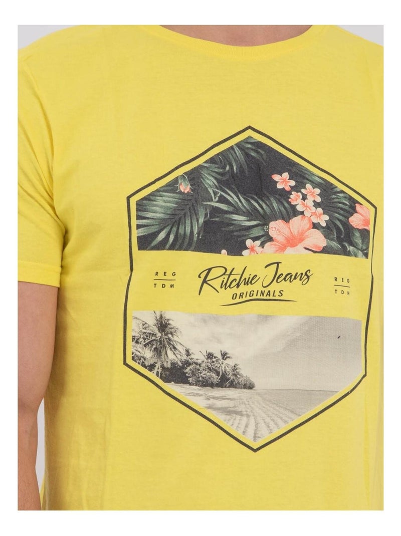 T-shirt manches courtes col rond pur coton NUMADOC Jaune - Kiabi