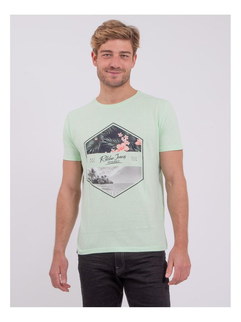 T-shirt manches courtes col rond pur coton NUMADOC Vert - Kiabi