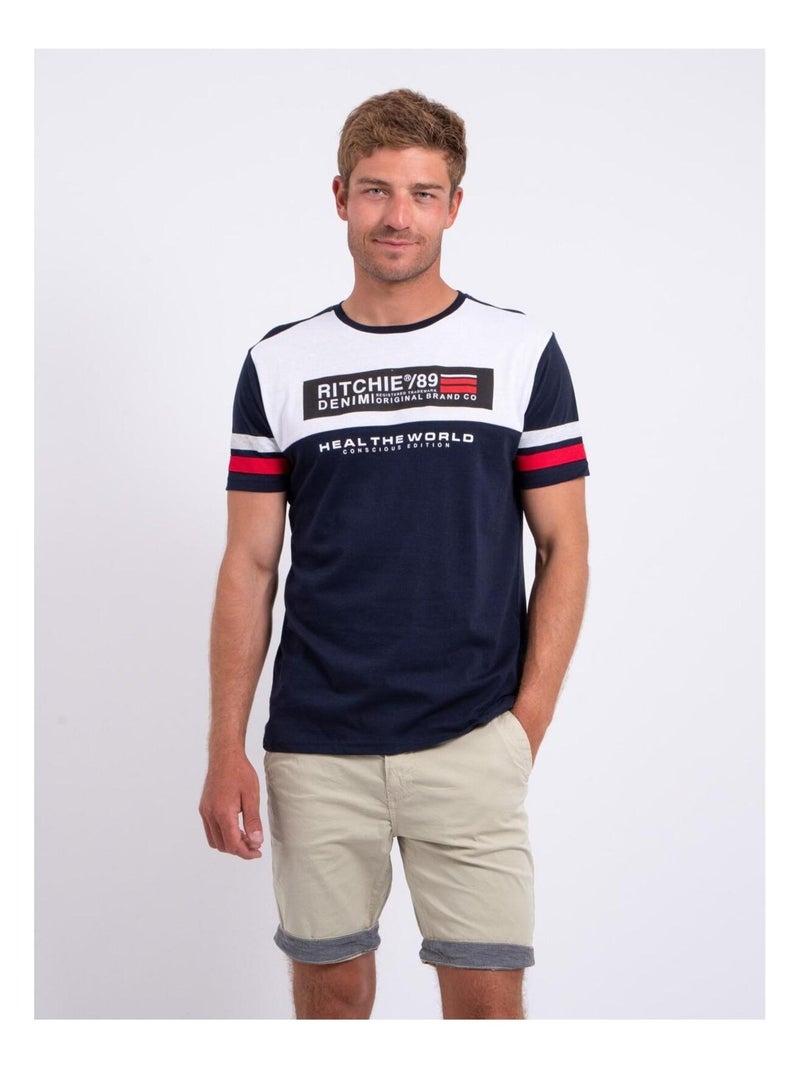T-shirt manches courtes col rond pur coton NUMARC Bleu marine - Kiabi