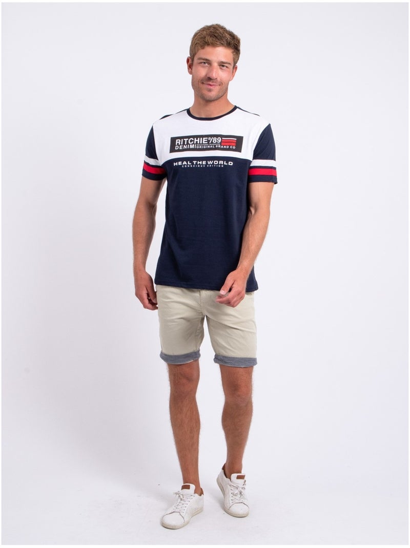T-shirt manches courtes col rond pur coton NUMARC Bleu marine - Kiabi