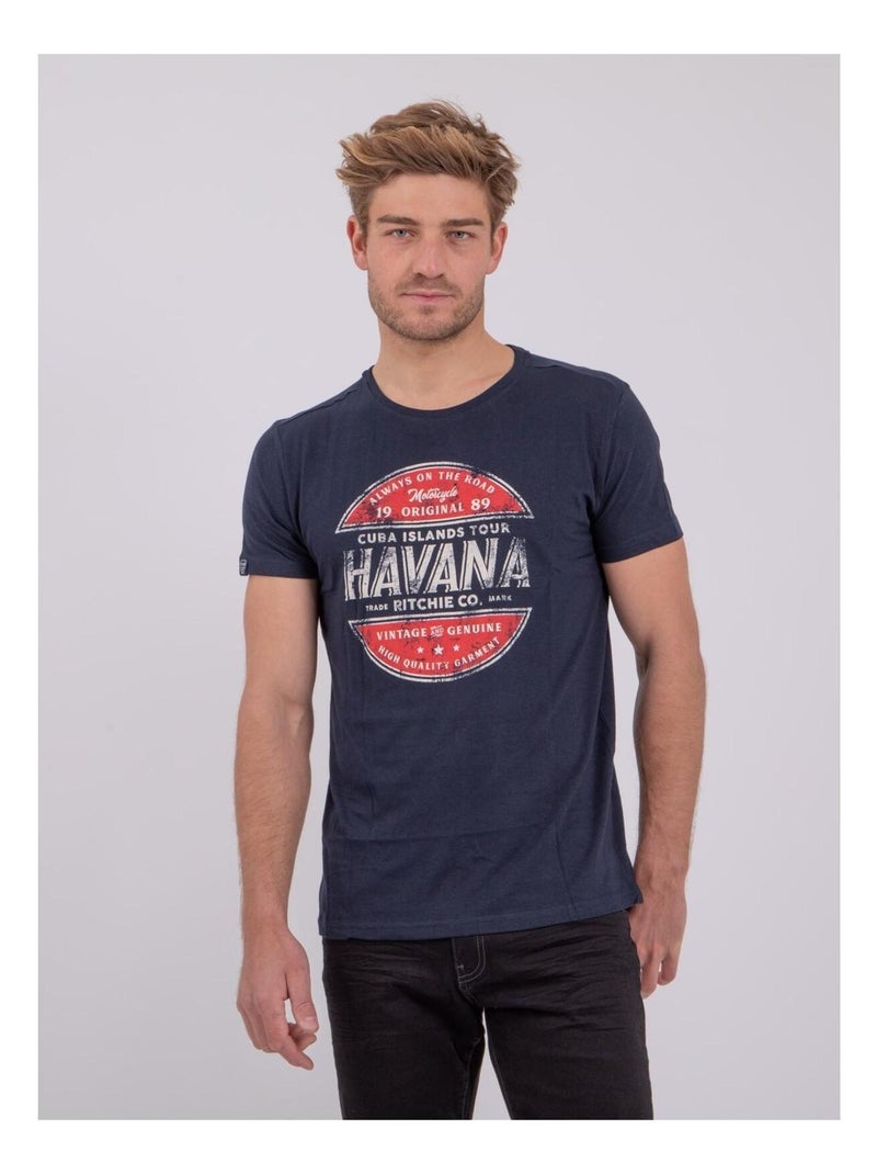 T-shirt manches courtes col rond pur coton NUMATIS Bleu marine - Kiabi