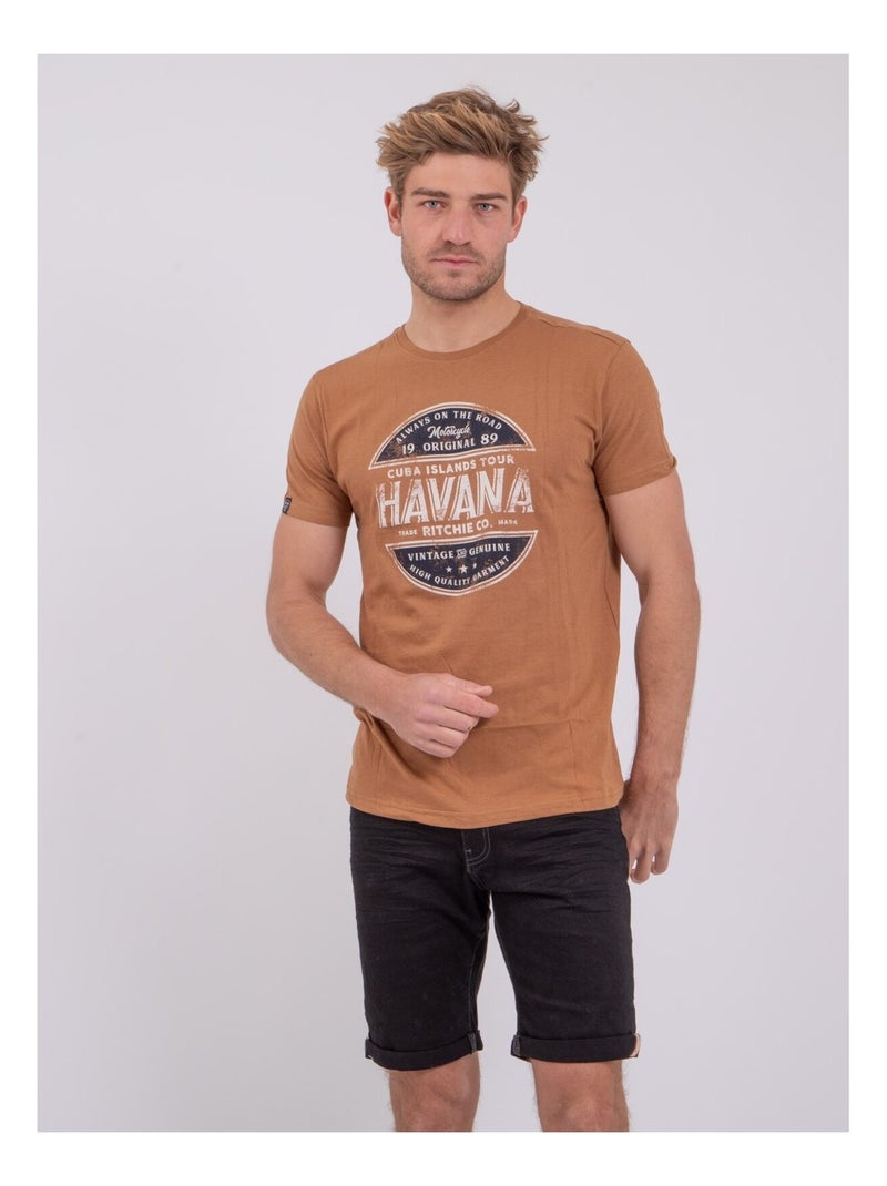 T-shirt manches courtes col rond pur coton NUMATIS Marron - Kiabi