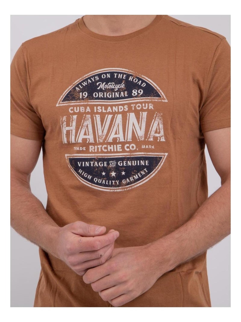 T-shirt manches courtes col rond pur coton NUMATIS Marron - Kiabi