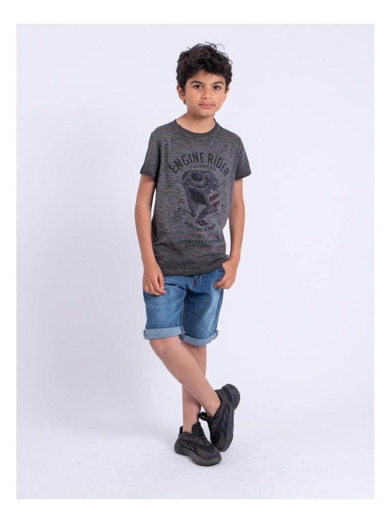 T-shirt manches courtes col rond pur coton NUMELWIN garçon Gris - Kiabi