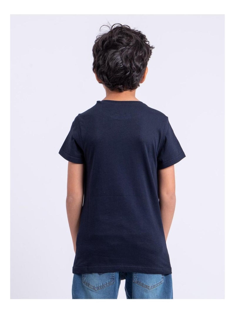 T-shirt manches courtes col rond pur coton NUMILAN garçon Bleu marine - Kiabi