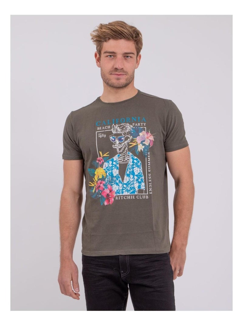 T-shirt manches courtes col rond pur coton NUMILAN Kaki - Kiabi
