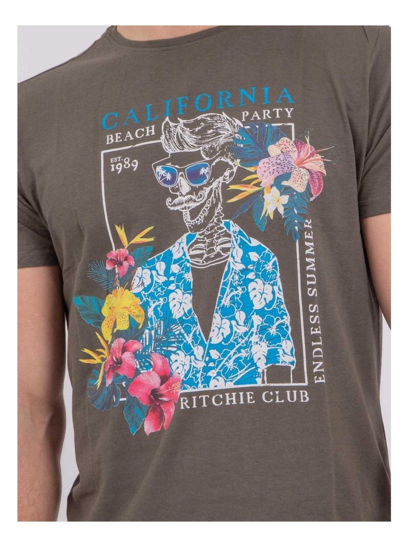 T-shirt manches courtes col rond pur coton NUMILAN Kaki - Kiabi
