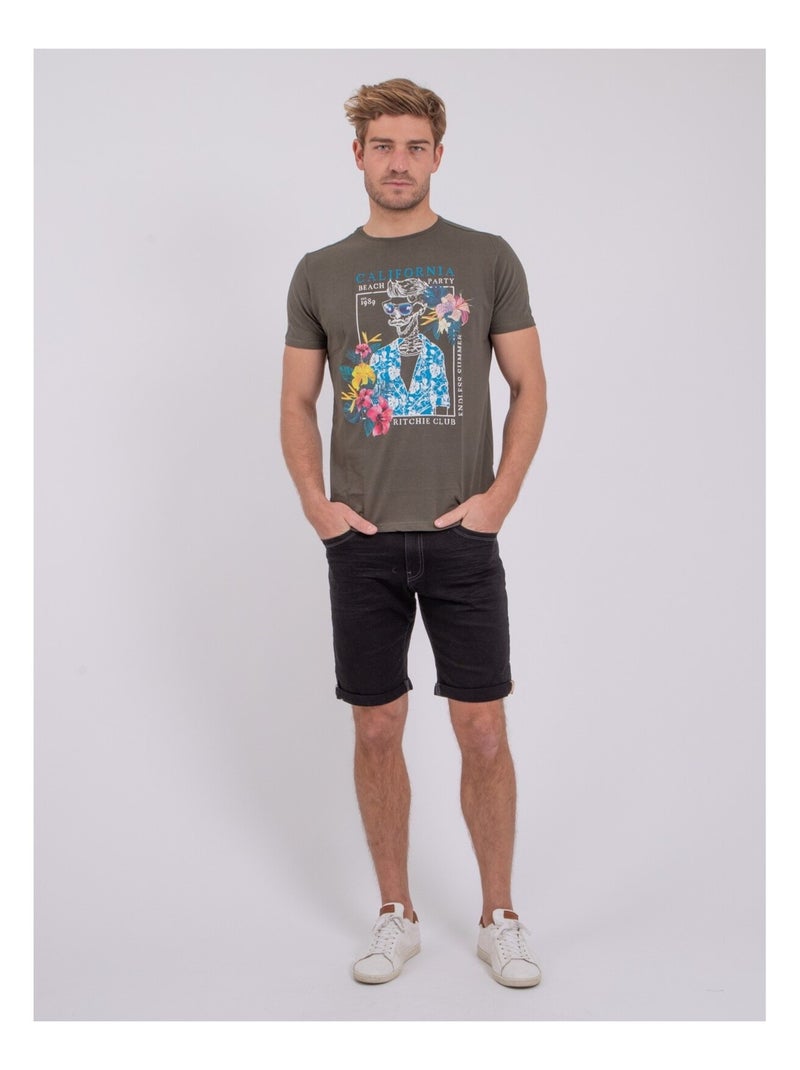 T-shirt manches courtes col rond pur coton NUMILAN Kaki - Kiabi