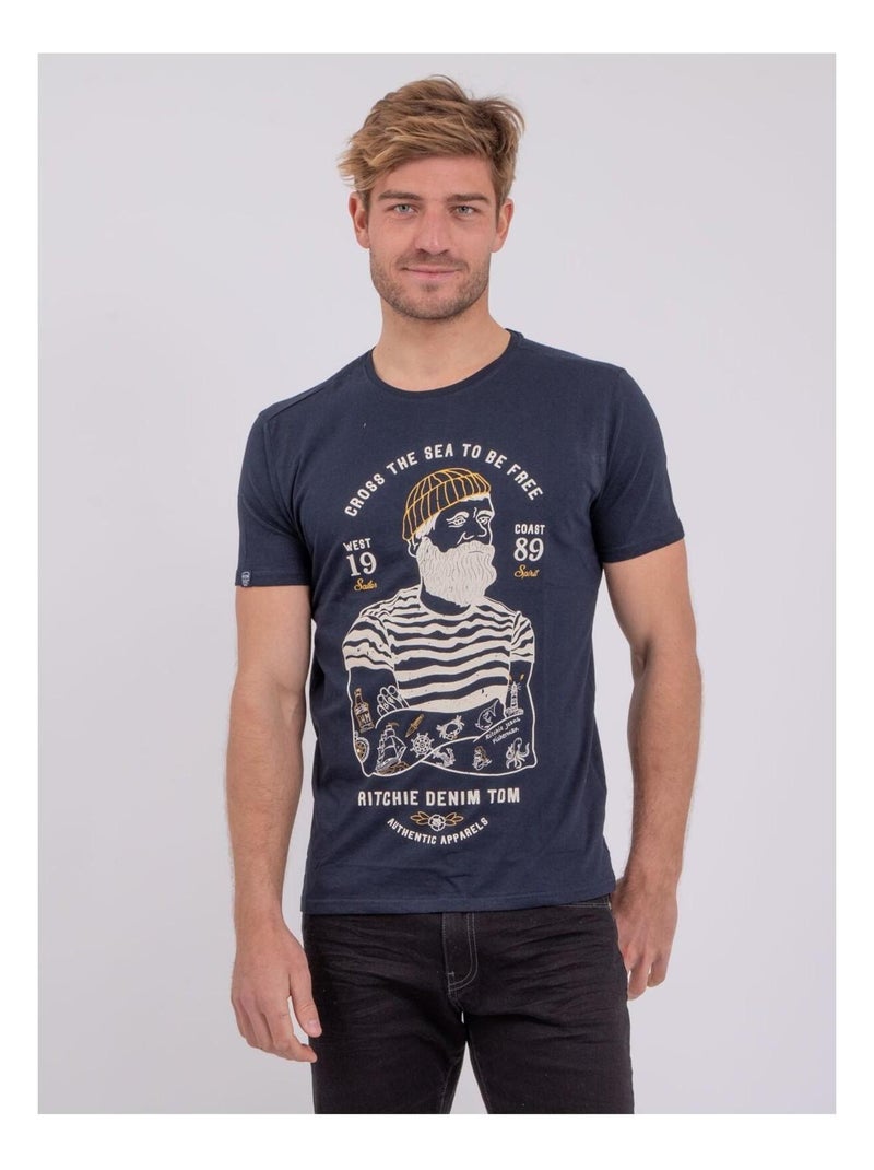 T-shirt manches courtes col rond pur coton NUPLATON Bleu marine - Kiabi