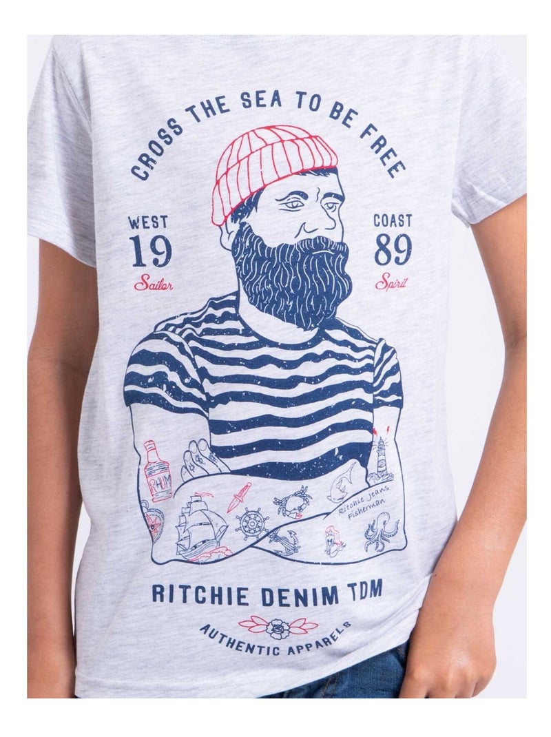 T-shirt manches courtes col rond pur coton NUPLATON garçon Bleu marine - Kiabi