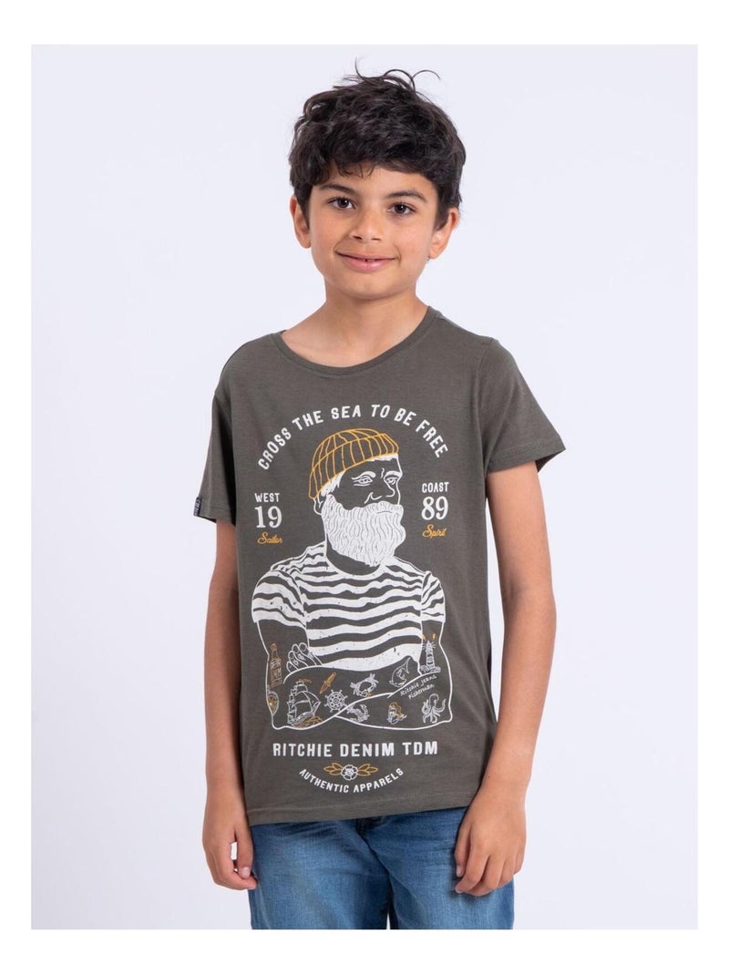 T-shirt manches courtes col rond pur coton NUPLATON garçon Kaki - Kiabi