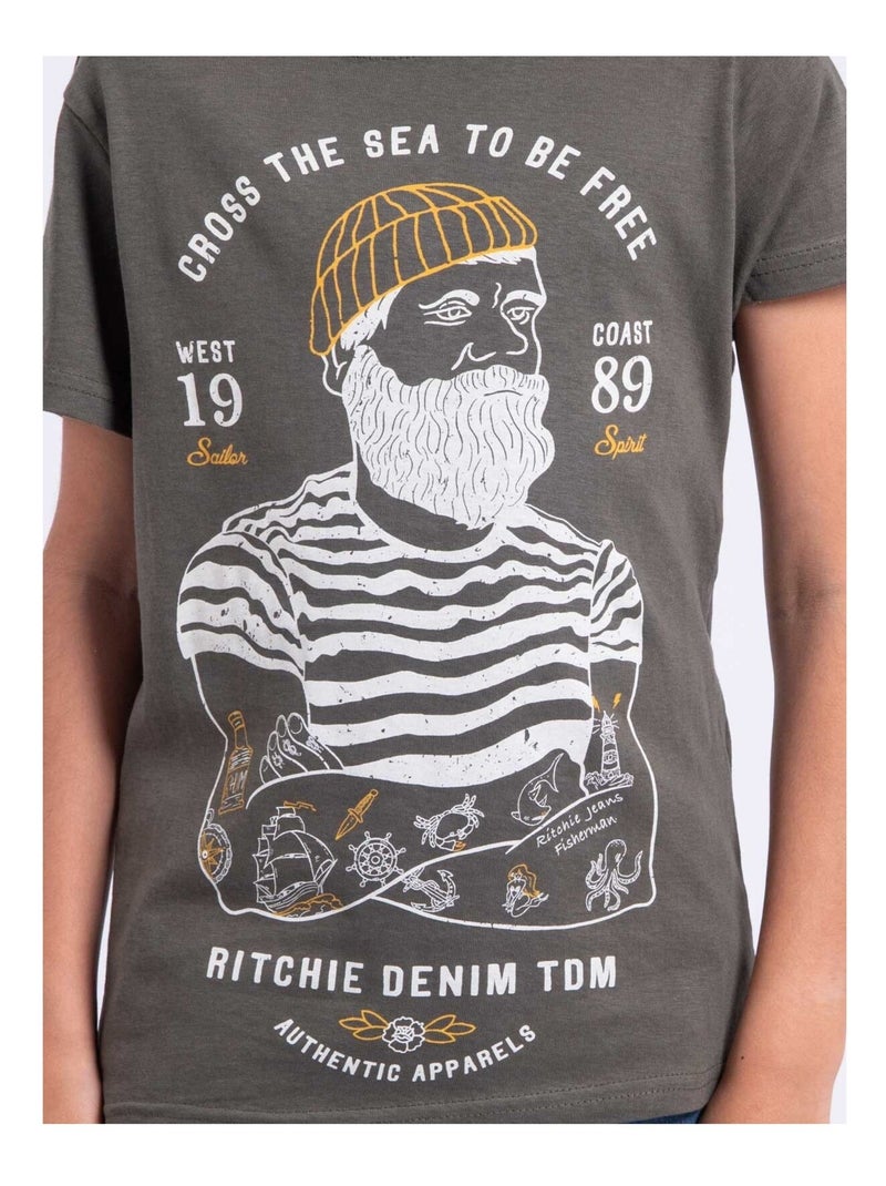 T-shirt manches courtes col rond pur coton NUPLATON garçon Kaki - Kiabi