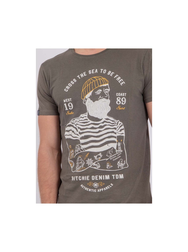 T-shirt manches courtes col rond pur coton NUPLATON Kaki - Kiabi