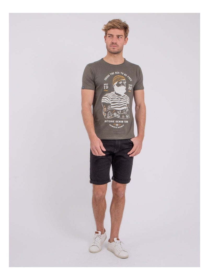 T-shirt manches courtes col rond pur coton NUPLATON Kaki - Kiabi