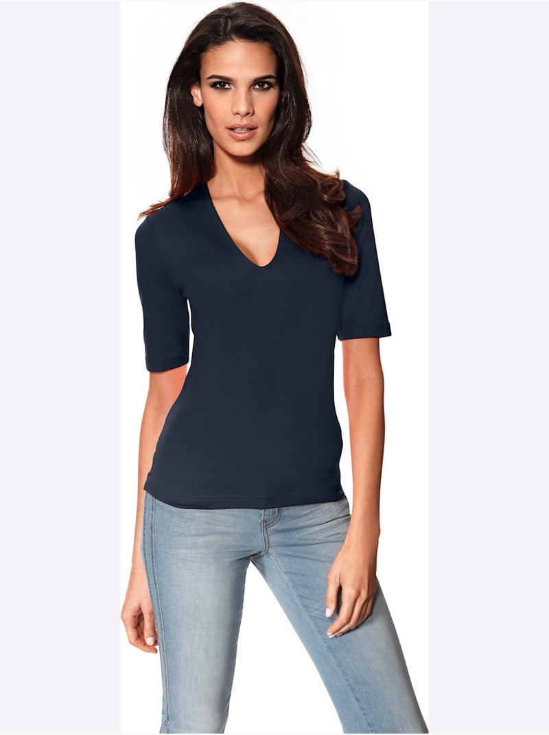 T-shirt Manches Courtes Col V - Taille Standard - Helline Bleu marine - Kiabi