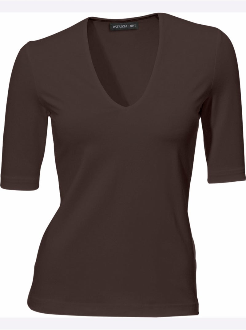 T-shirt Manches Courtes Col V - Taille Standard - Helline Marron - Kiabi