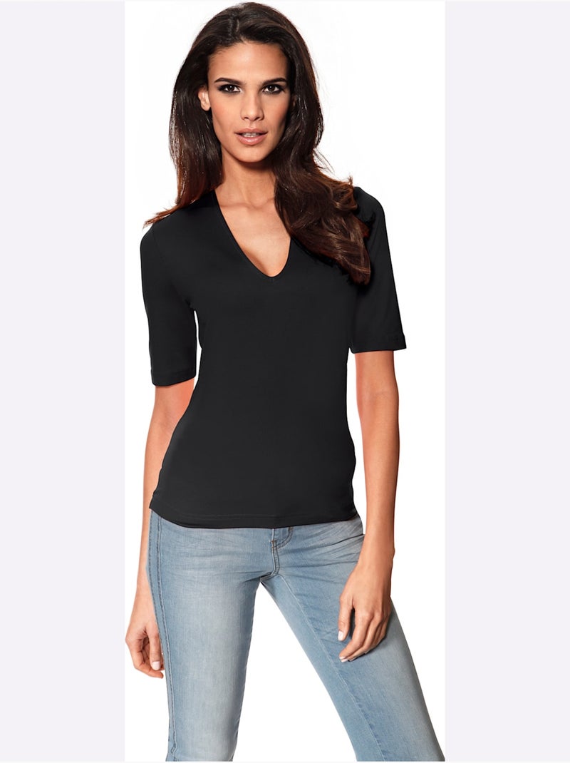 T-shirt Manches Courtes Col V - Taille Standard - Helline Noir - Kiabi
