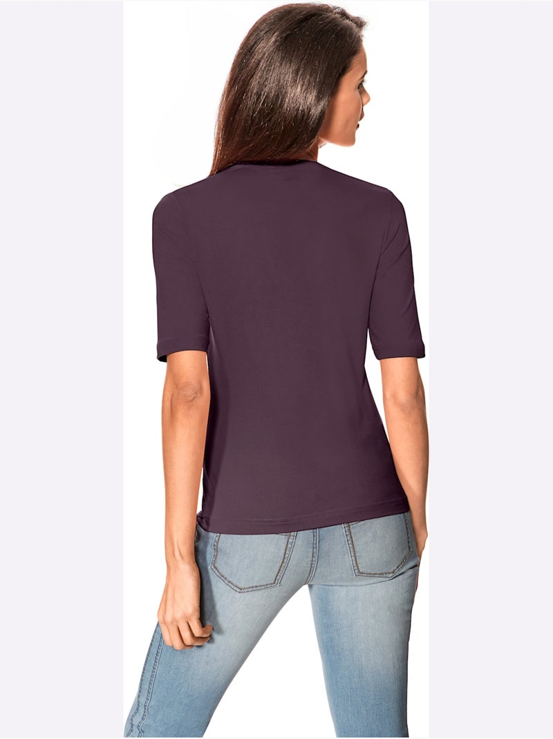 T-shirt Manches Courtes Col V - Taille Standard - Helline Prune - Kiabi