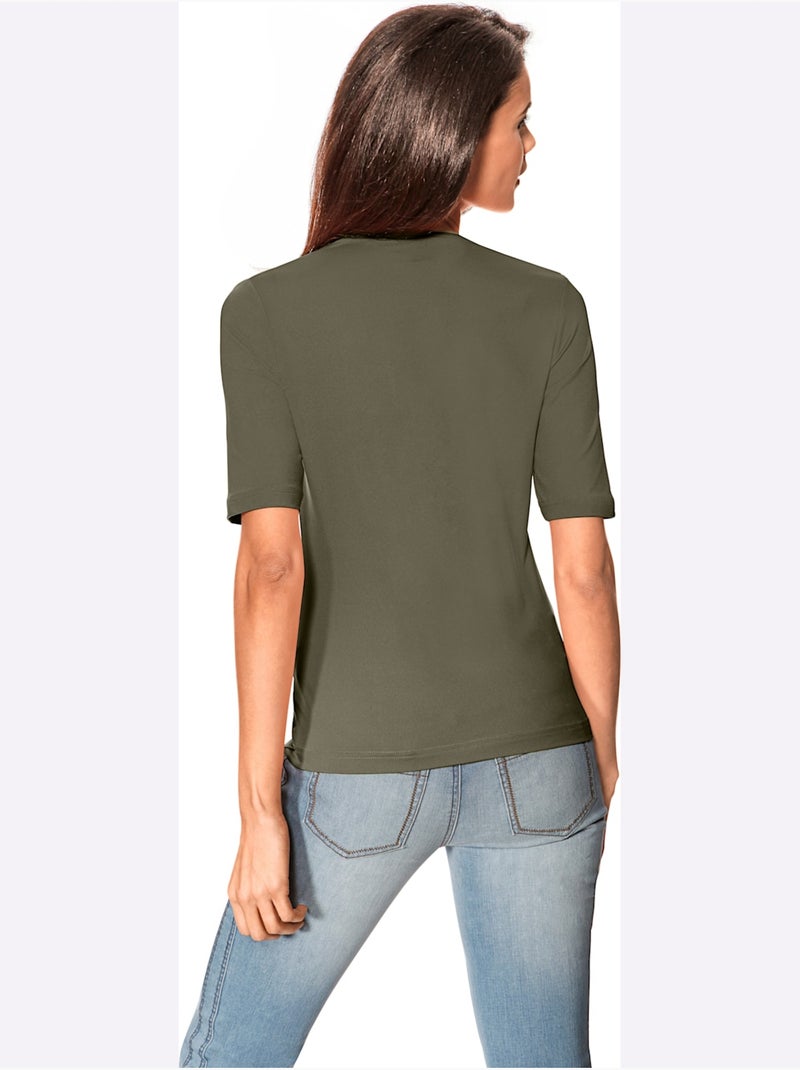 T-shirt Manches Courtes Col V - Taille Standard - Helline Vert olive - Kiabi
