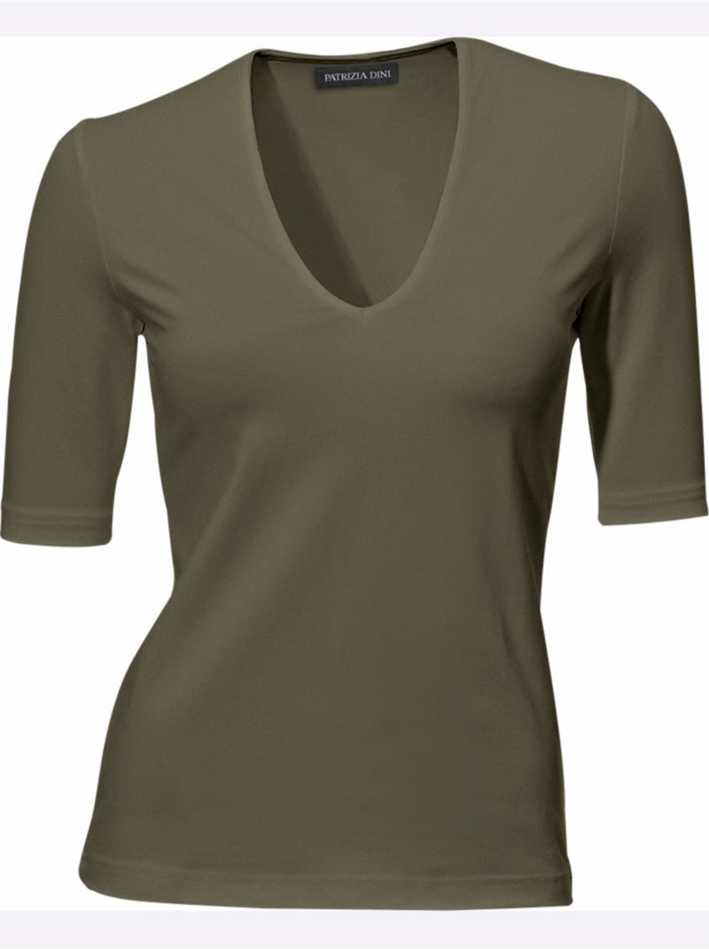 T-shirt Manches Courtes Col V - Taille Standard - Helline Vert olive - Kiabi