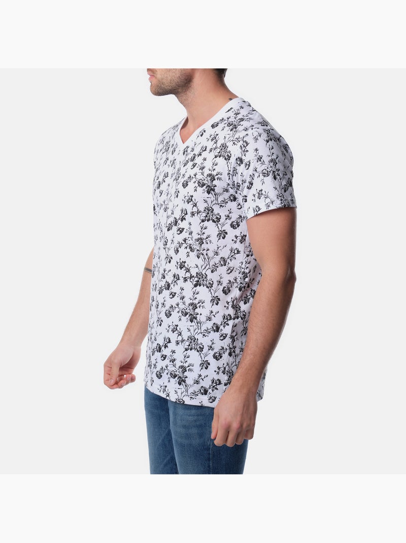 T-shirt manches courtes col V à motif Blanc - Kiabi