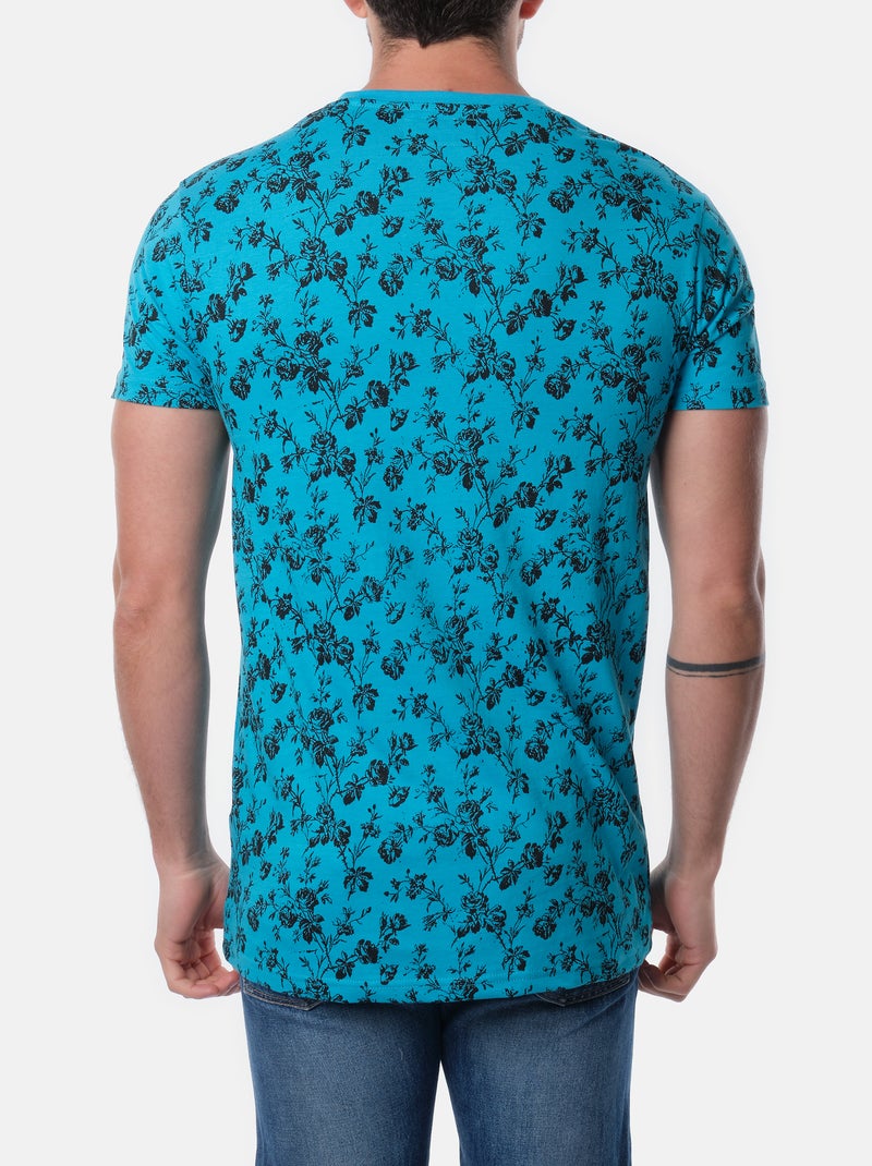 T-shirt manches courtes col V à motif Bleu turquoise - Kiabi