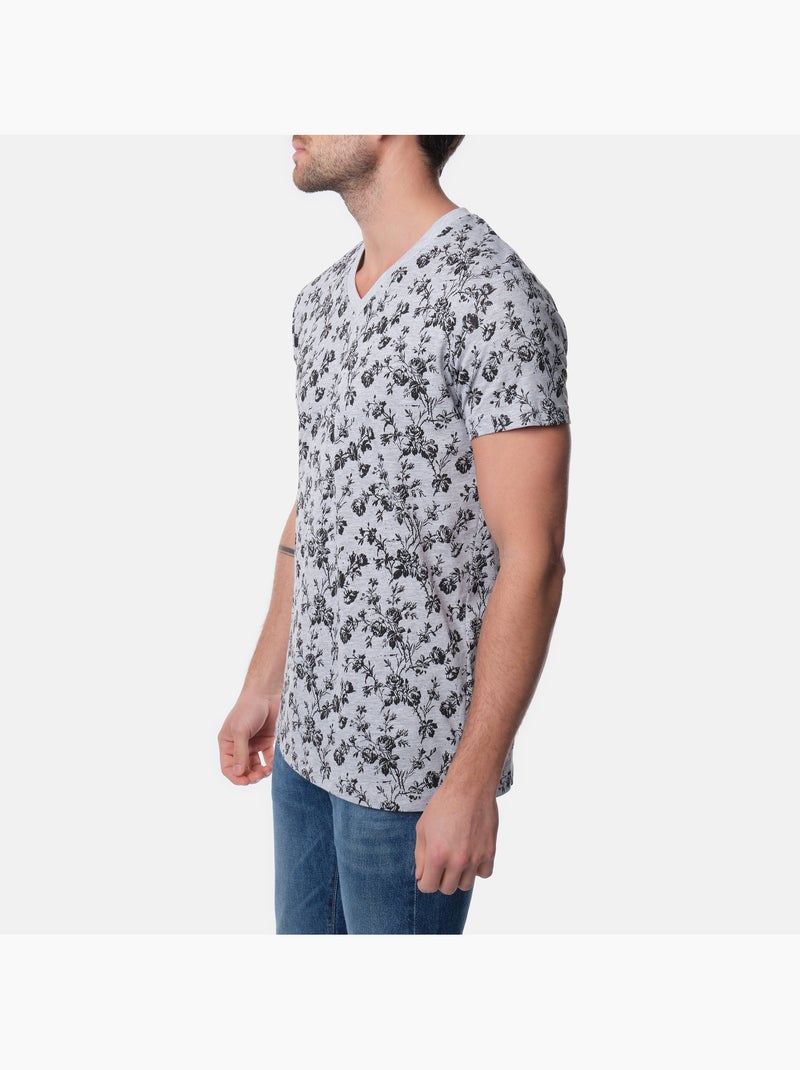 T-shirt manches courtes col V à motif Gris - Kiabi