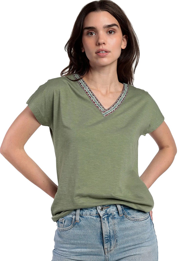 T-shirt manches courtes col V Mexico Kaki - Kiabi