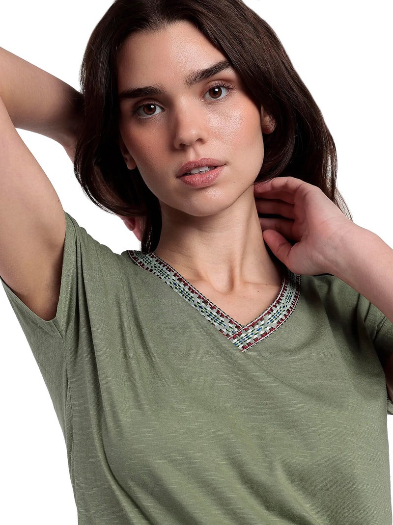 T-shirt manches courtes col V Mexico Kaki - Kiabi