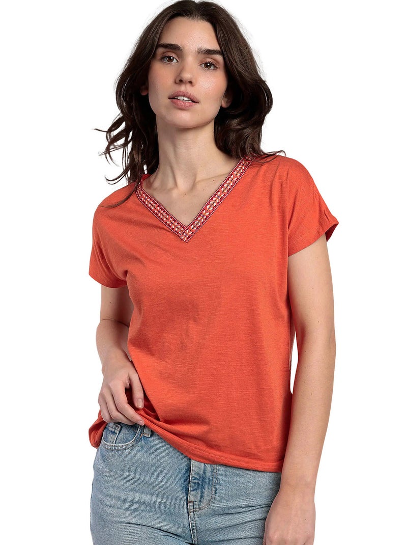 T-shirt manches courtes col V Mexico Orange - Kiabi