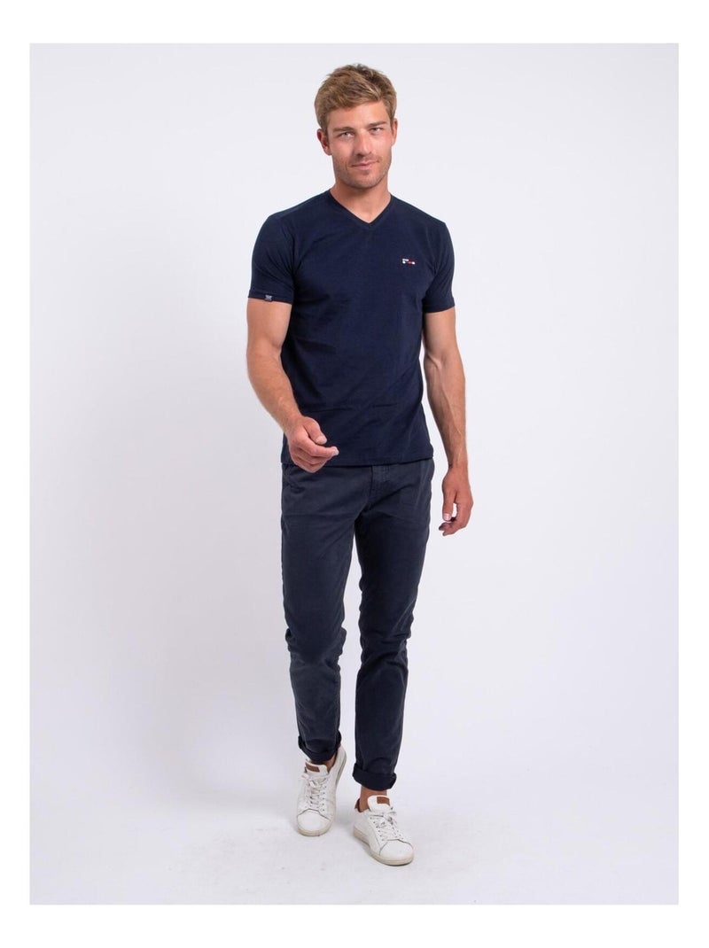 T-shirt manches courtes col V pur coton NERIJ Bleu marine - Kiabi