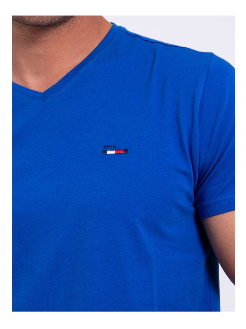 T-shirt manches courtes col V pur coton NERIJ Bleu roi - Kiabi