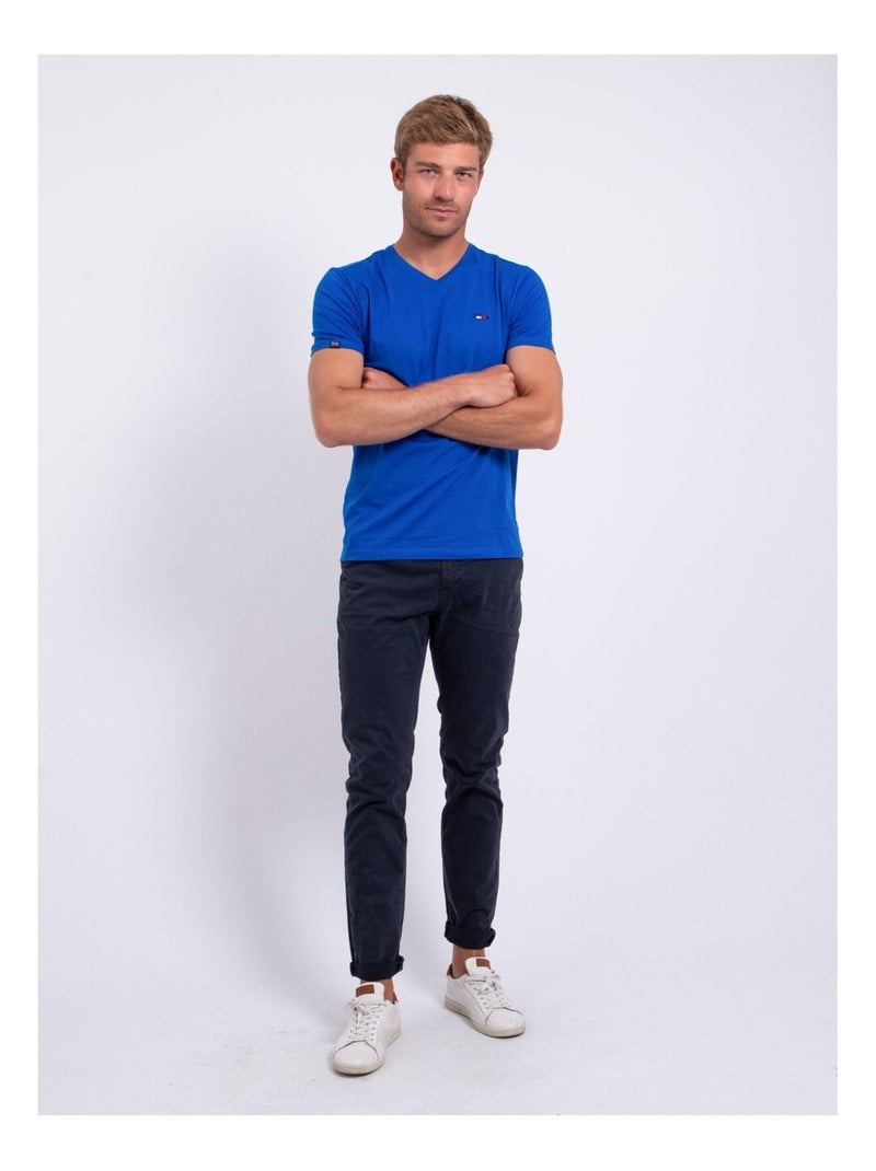T-shirt manches courtes col V pur coton NERIJ Bleu roi - Kiabi
