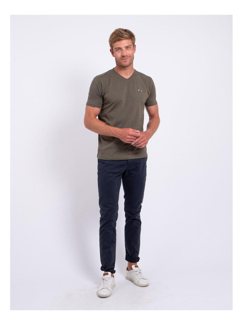 T-shirt manches courtes col V pur coton NERIJ Kaki - Kiabi